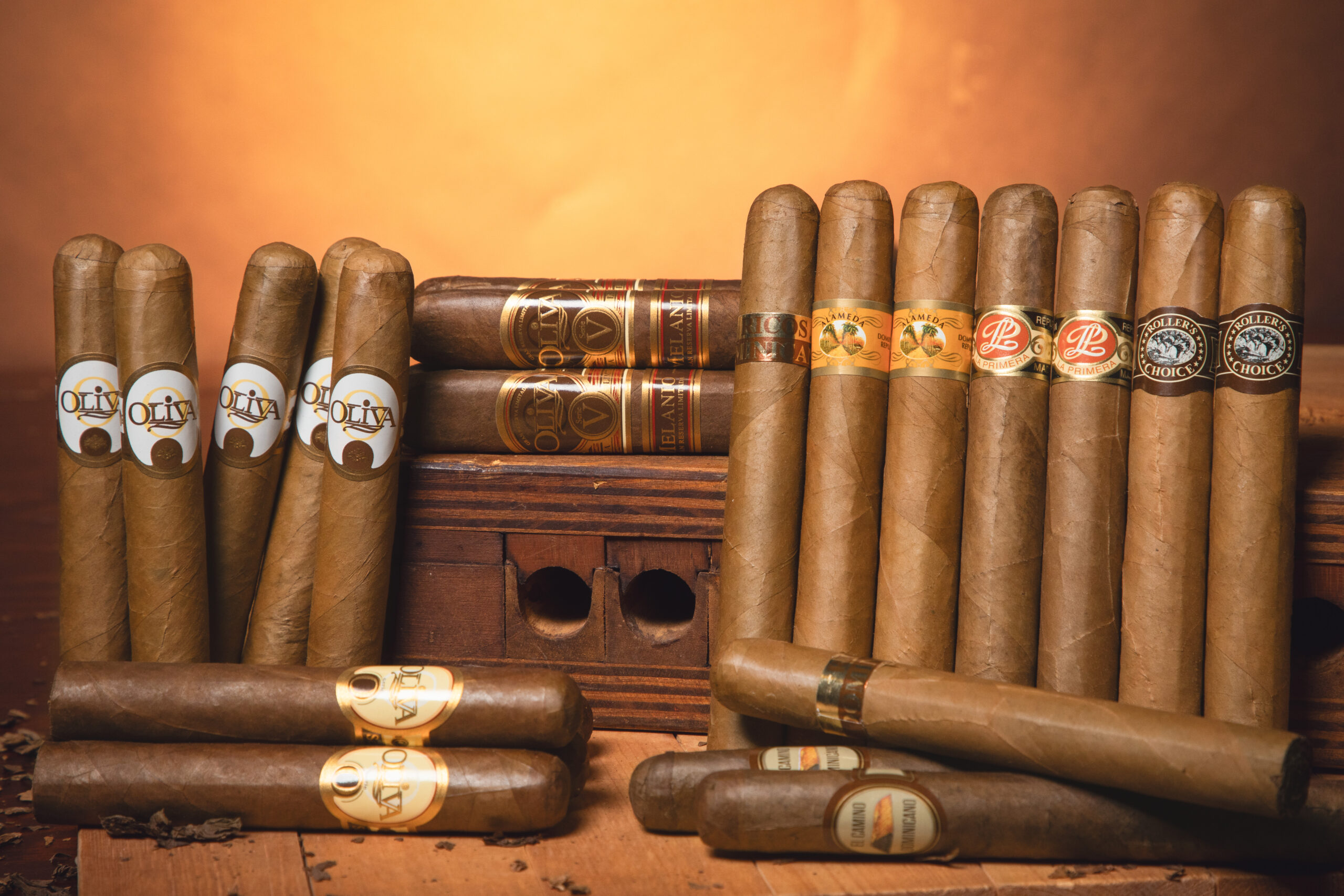 cigar samplers displayed around a cigar press